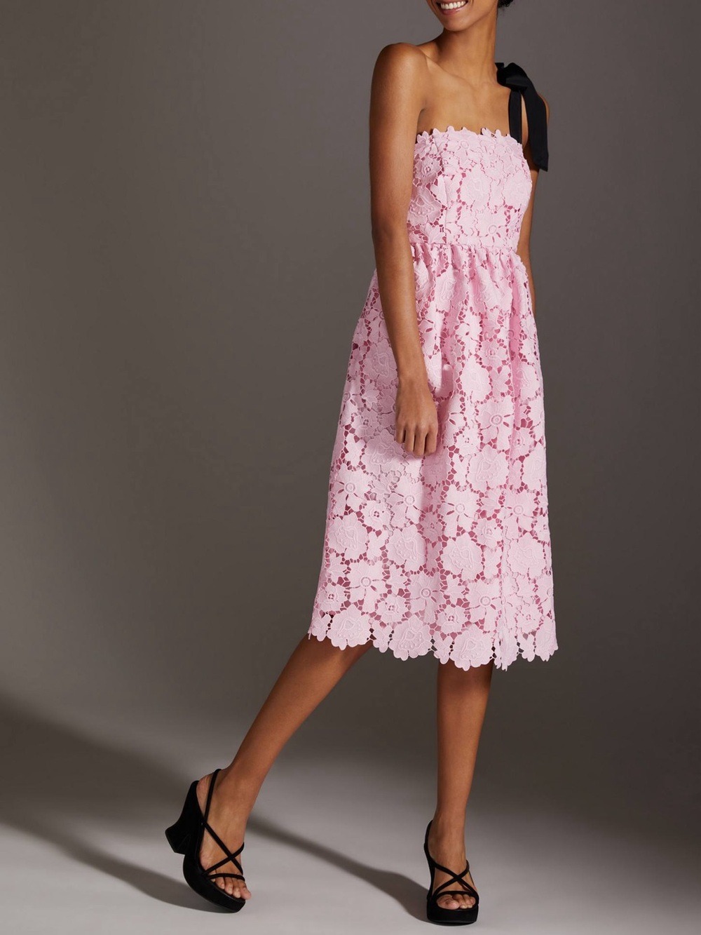 Anthropologie Maeve Pink Floral Lace One Shoulder Black Bow Dress Size 8